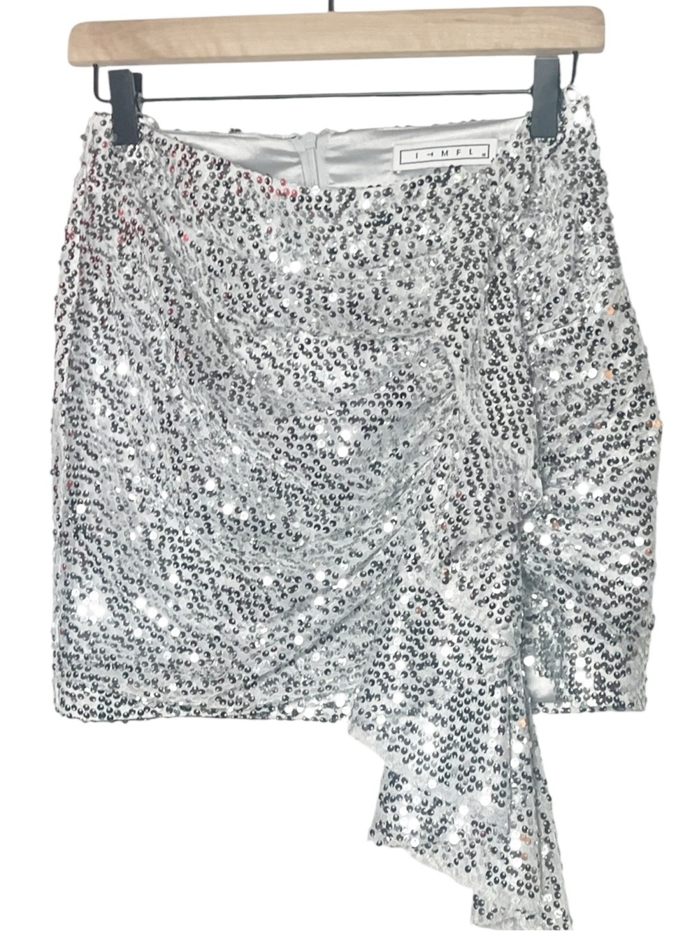 In The Mood For Love Silver Sequin Wrap Mini Skirt Glam Party Medium - Picture 2 of 4
